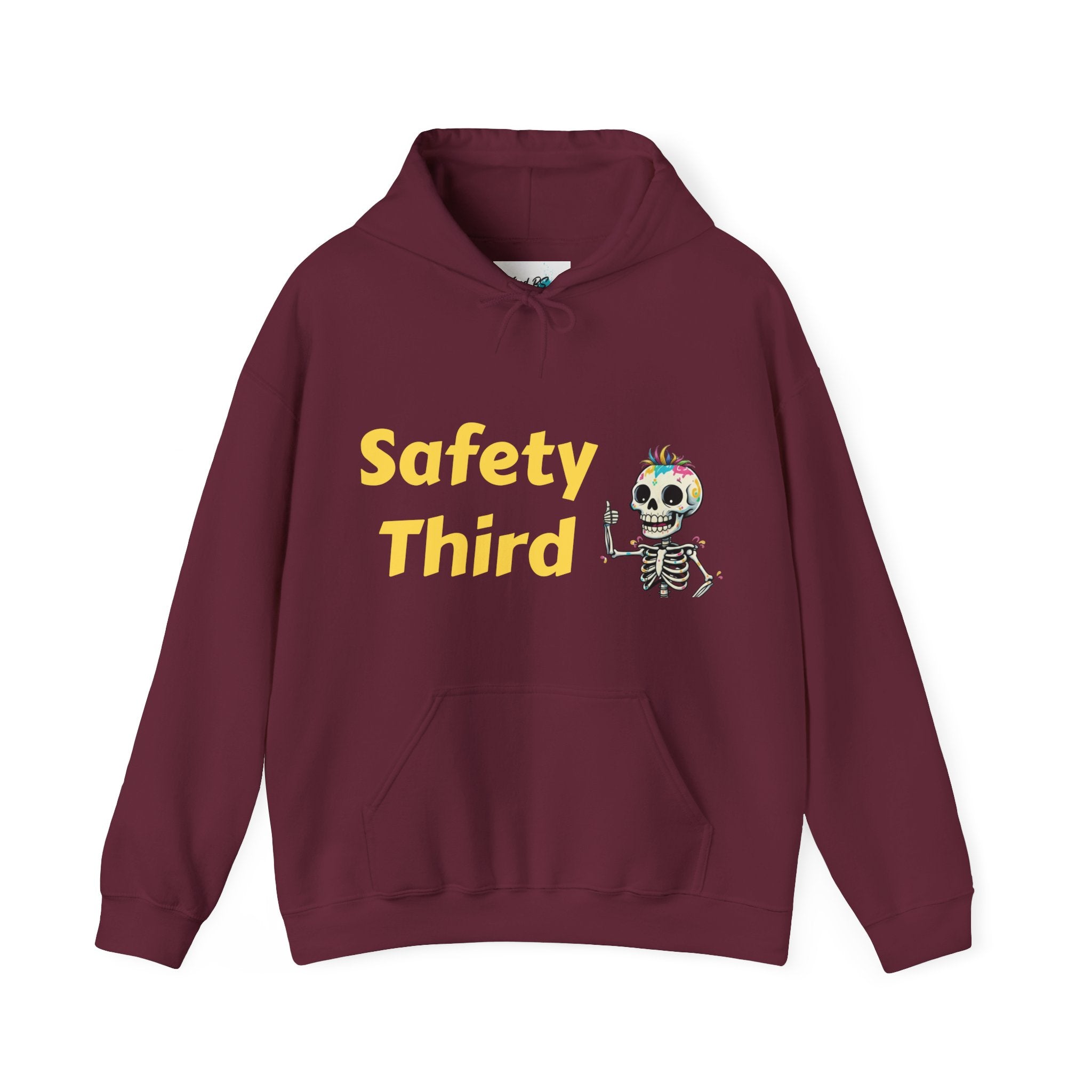 Maroon hoodie with 'Safety Third' text and skeleton design on a white background