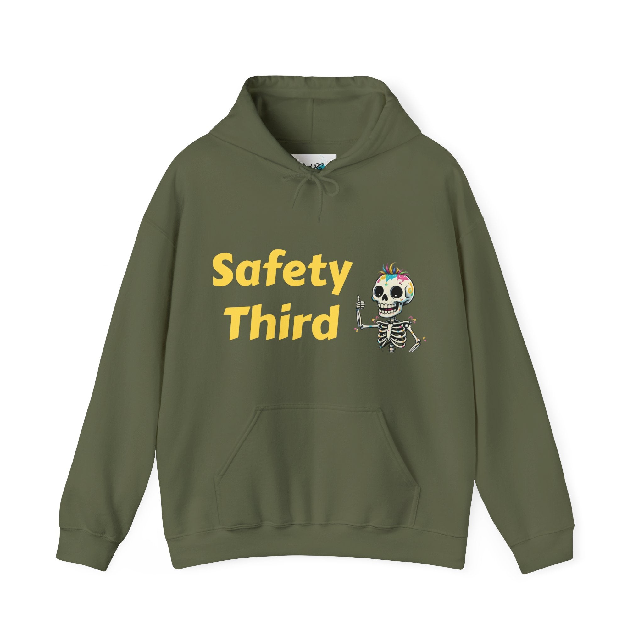 Green hoodie with 'Safety Third' text and skeleton design on a white background