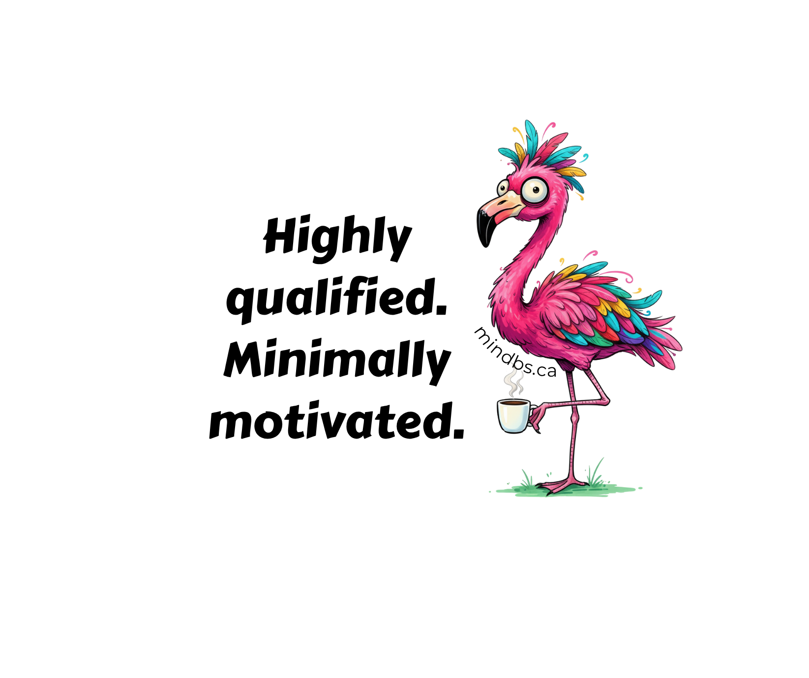Sticker of a Cartoon flamingo with colorful feathers and text 'Highly Qualified Minimally Motivated' on a white background