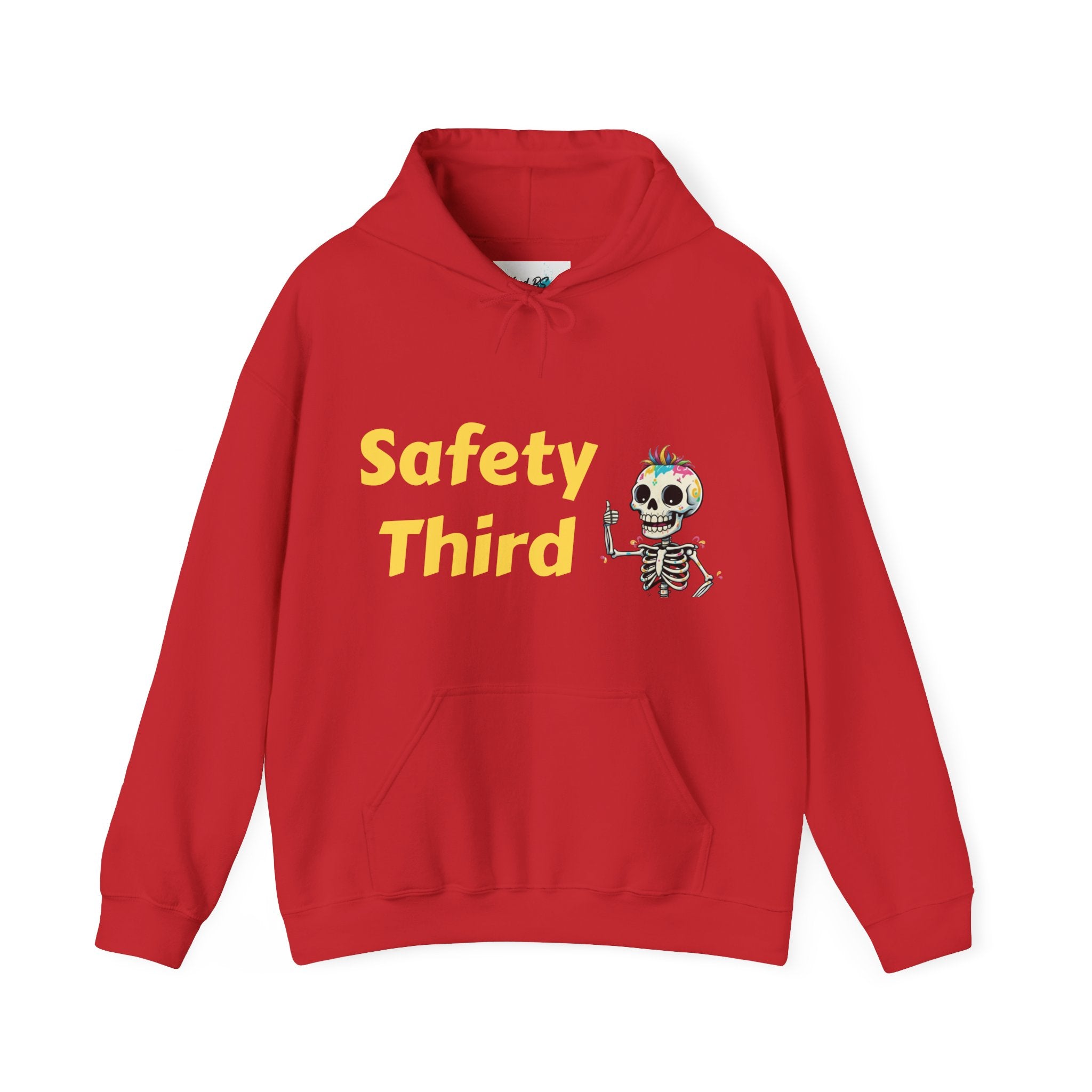 Red hoodie with 'Safety Third' text and skeleton graphic on a white background