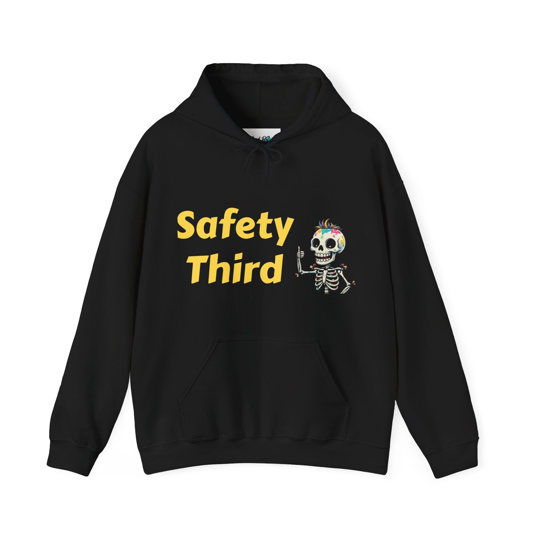 Black hoodie with 'Safety Third' text and skeleton design on a white background