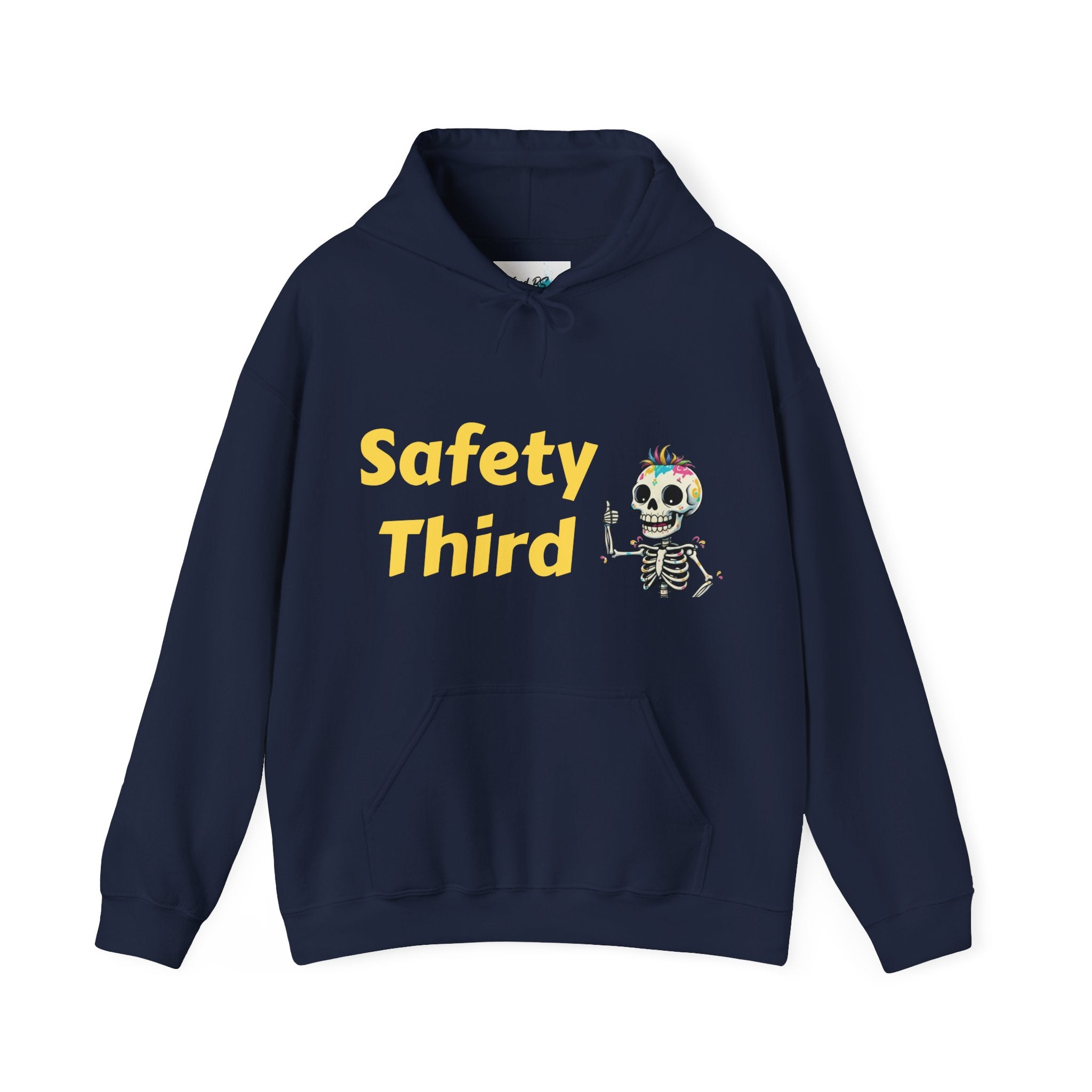 Navy blue hoodie with 'Safety Third' text and skeleton graphic on a white background