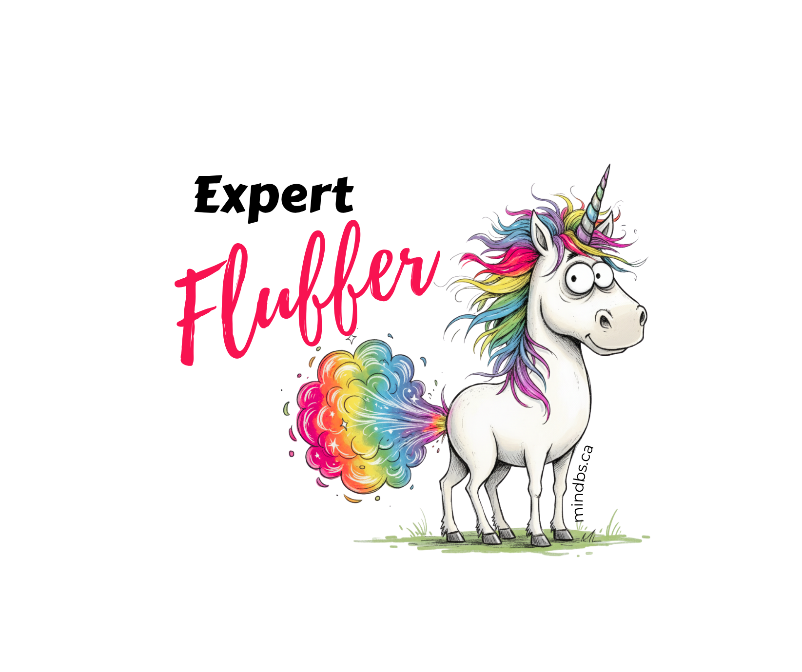 Sticker of a Unicorn with colorful mane farting rainbows and text 'Expert Fluffer', on a white background
