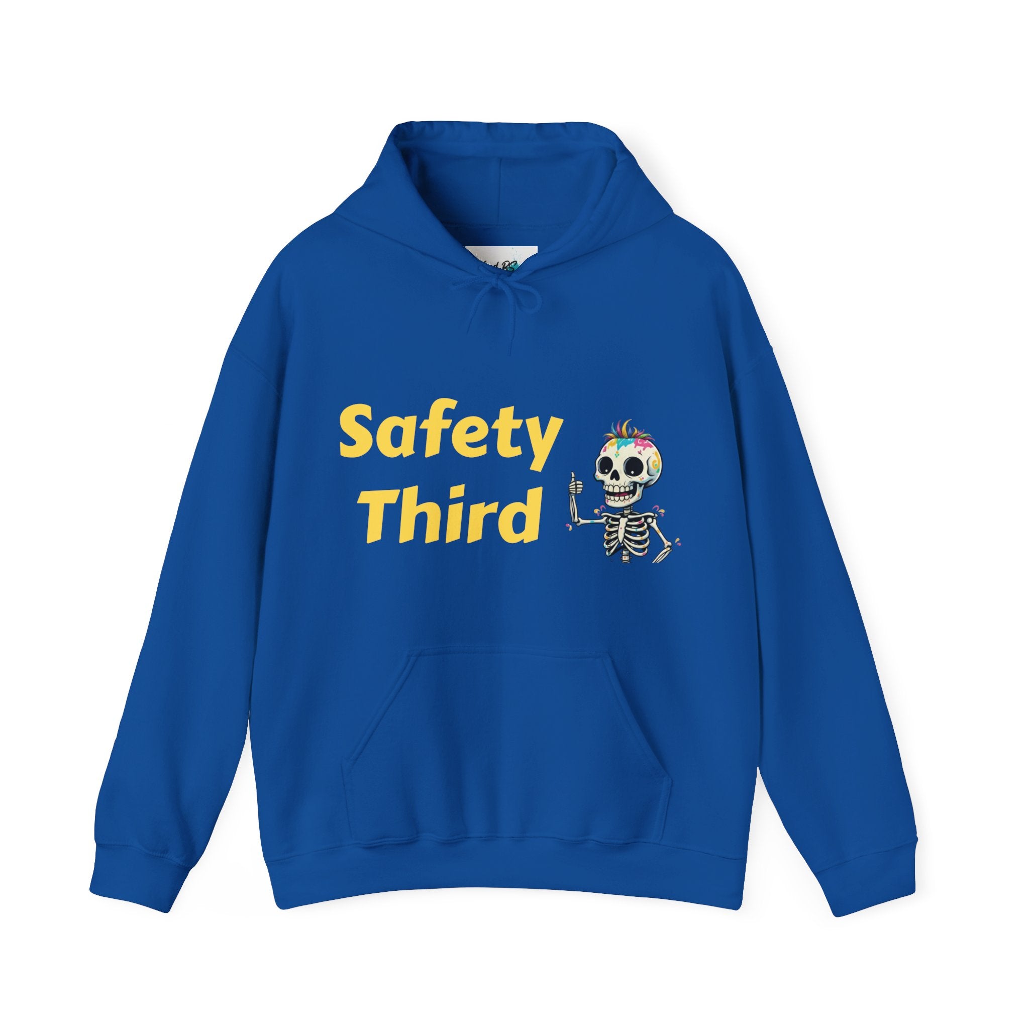 Blue hoodie with 'Safety Third' text and skeleton design on a white background