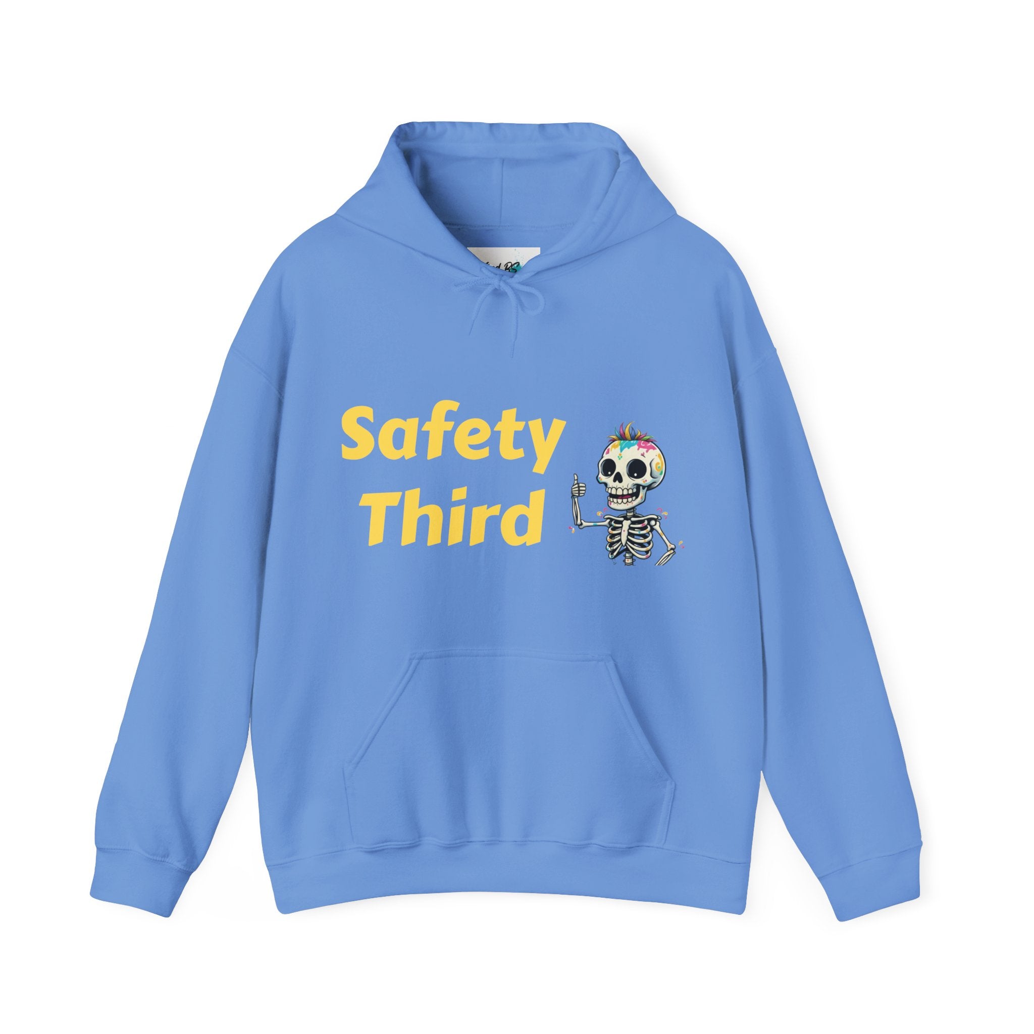 Blue hoodie with 'Safety Third' text and skeleton graphic on a white background