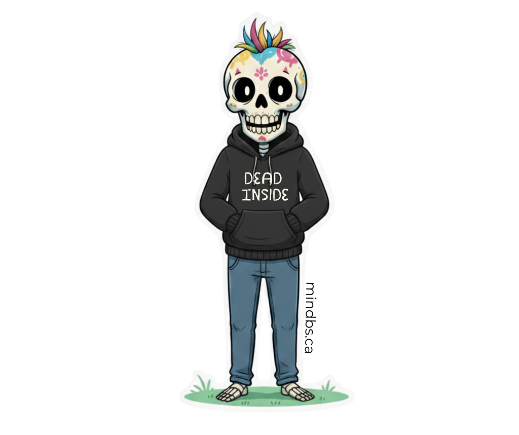 Sticker with a Colorful cartoon skeleton character wearing a hoodie with 'DEAD INSIDE' text on a white background.