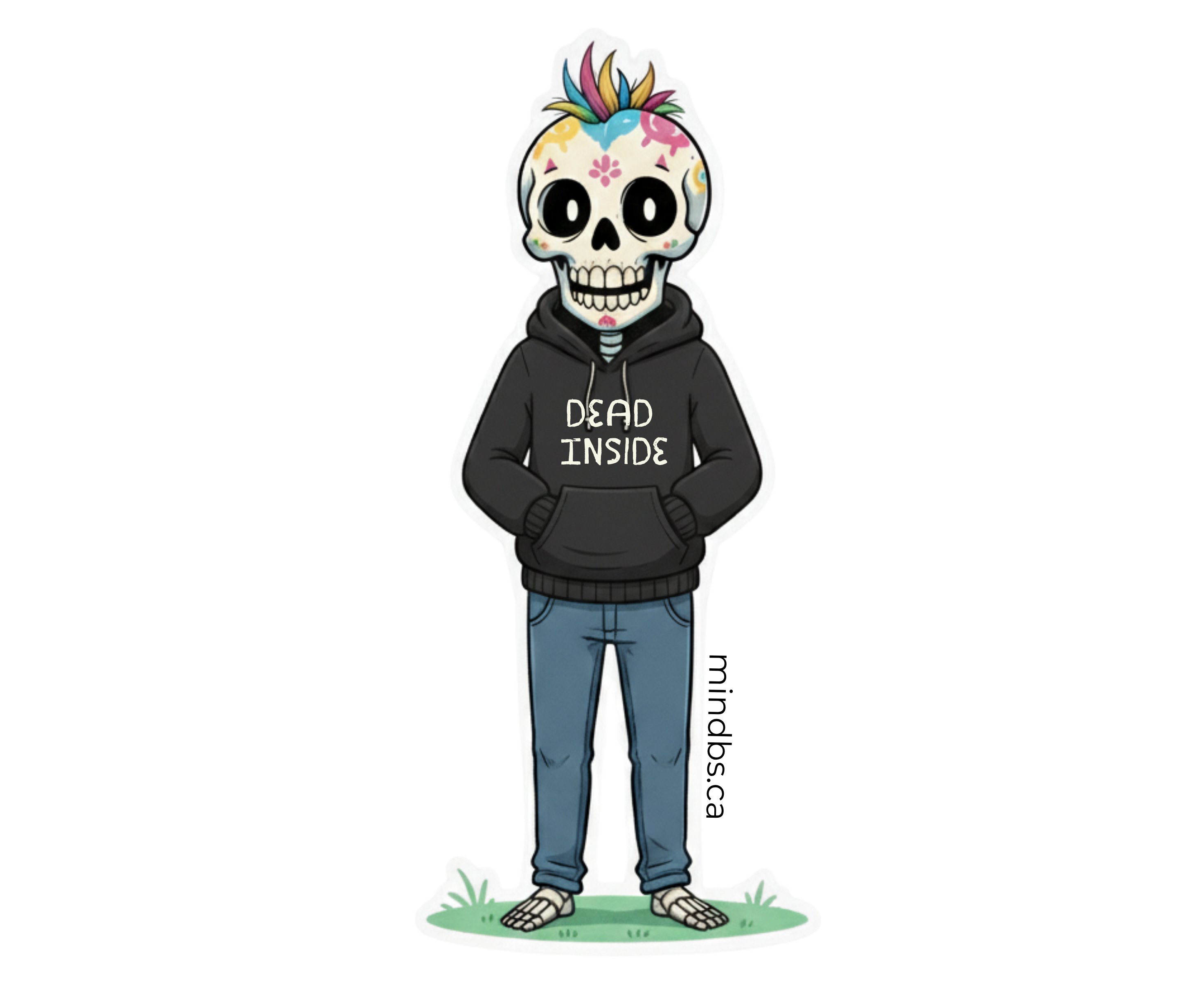 Sticker with a Colorful cartoon skeleton character wearing a hoodie with 'DEAD INSIDE' text on a white background.