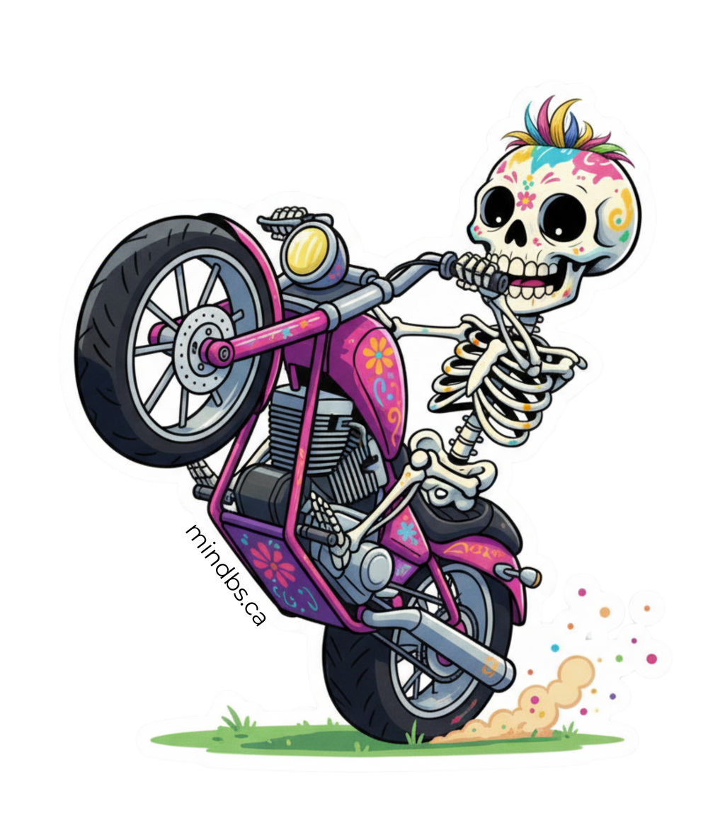 Sticker with a Colorful skeleton riding a motorcycle with a cartoonish design on a white background.