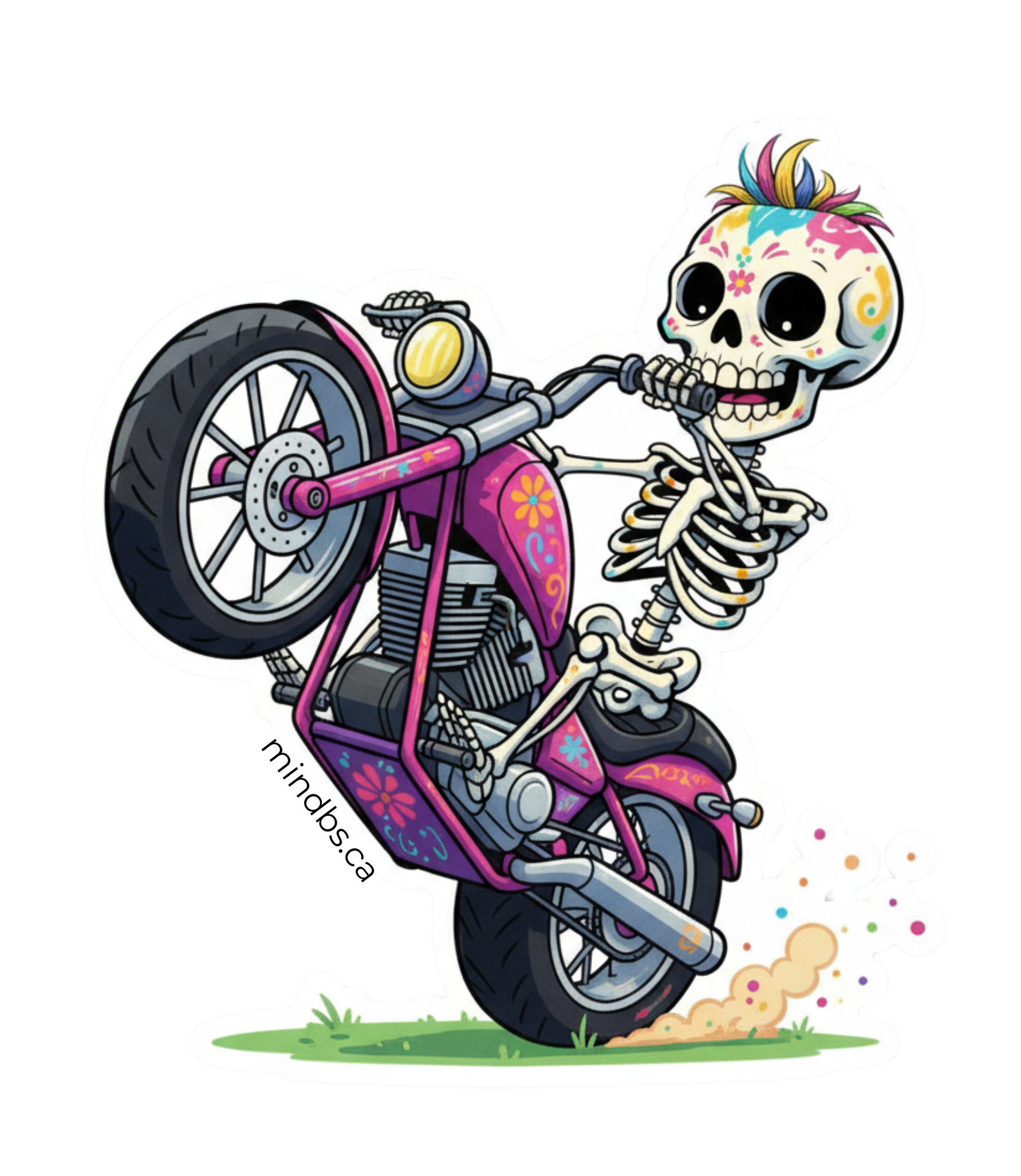Sticker with a Colorful skeleton riding a motorcycle with a cartoonish design on a white background.
