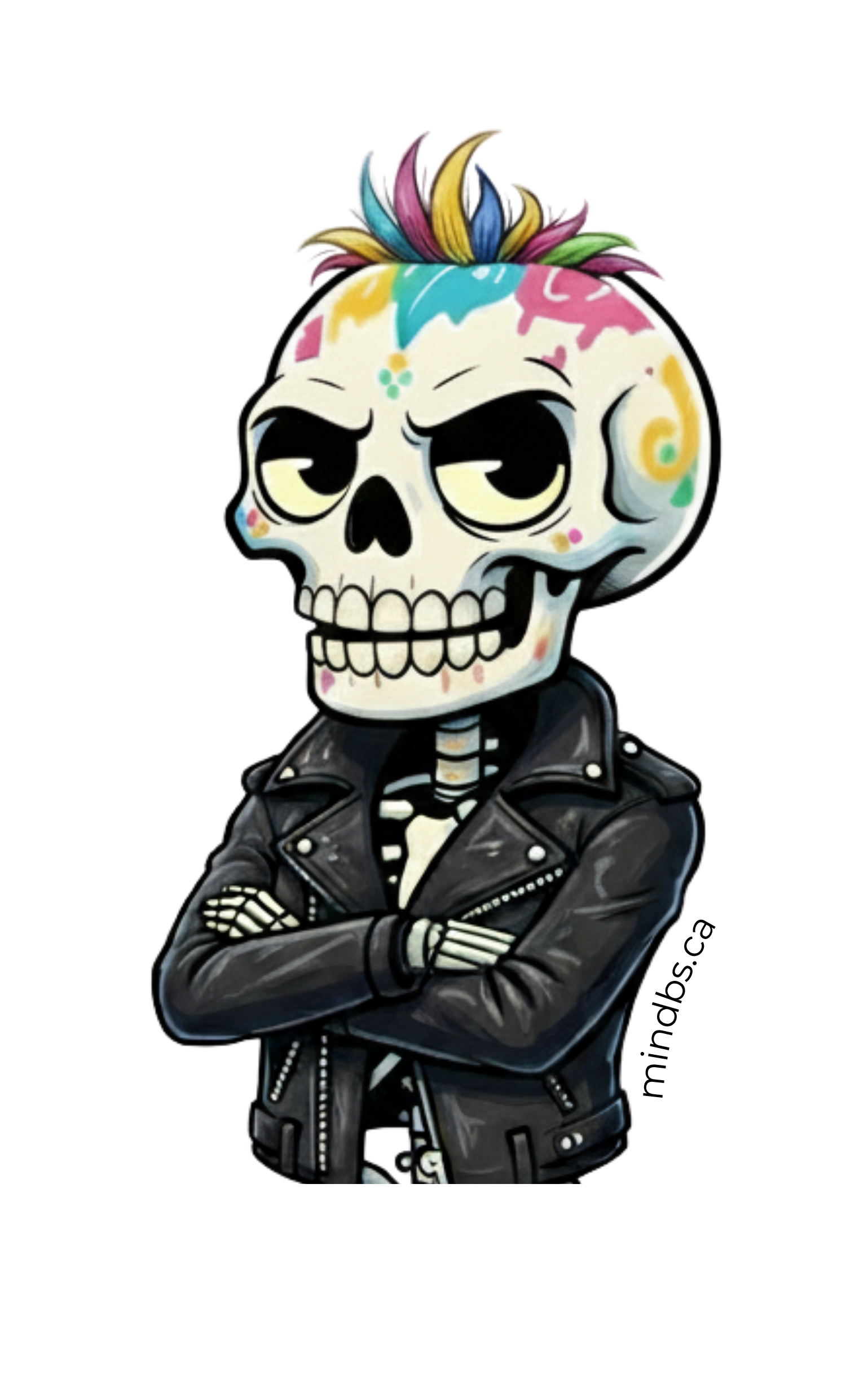 Sticker of a cartoon skeleton with colorful hair and leather jacket