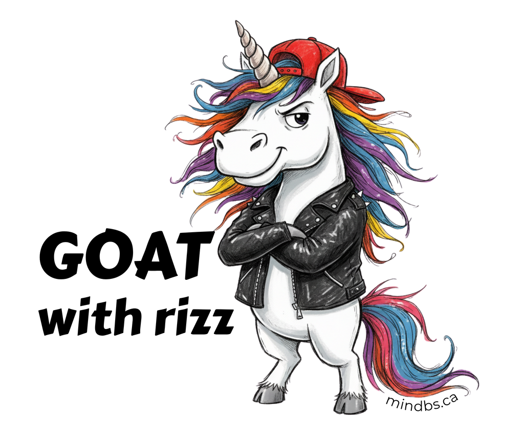 Sticker for kids of a unicorn character with a red cap and black leather jacket, text 'GOAT with rizz' 