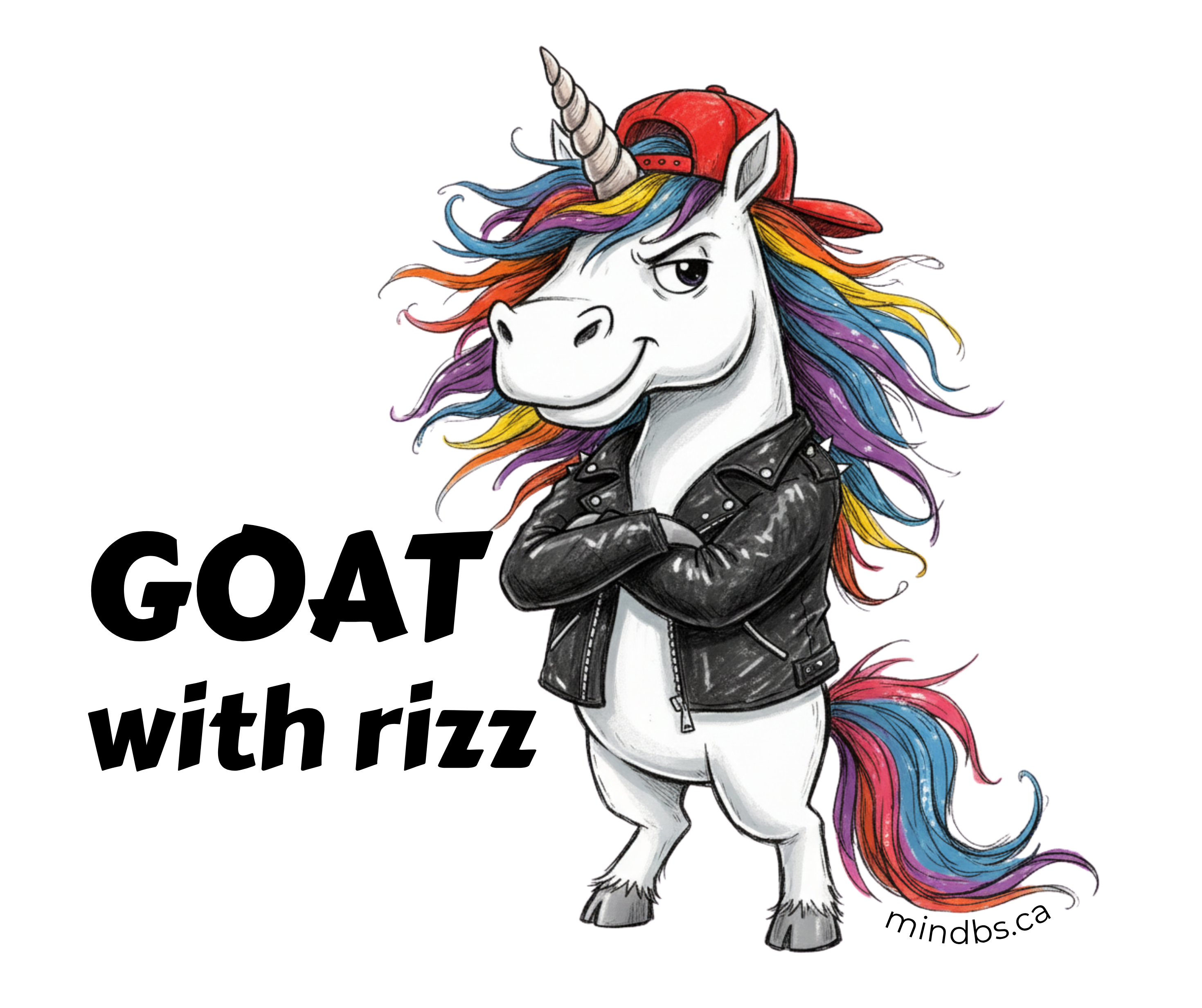 Sticker for kids of a unicorn character with a red cap and black leather jacket, text 'GOAT with rizz' 