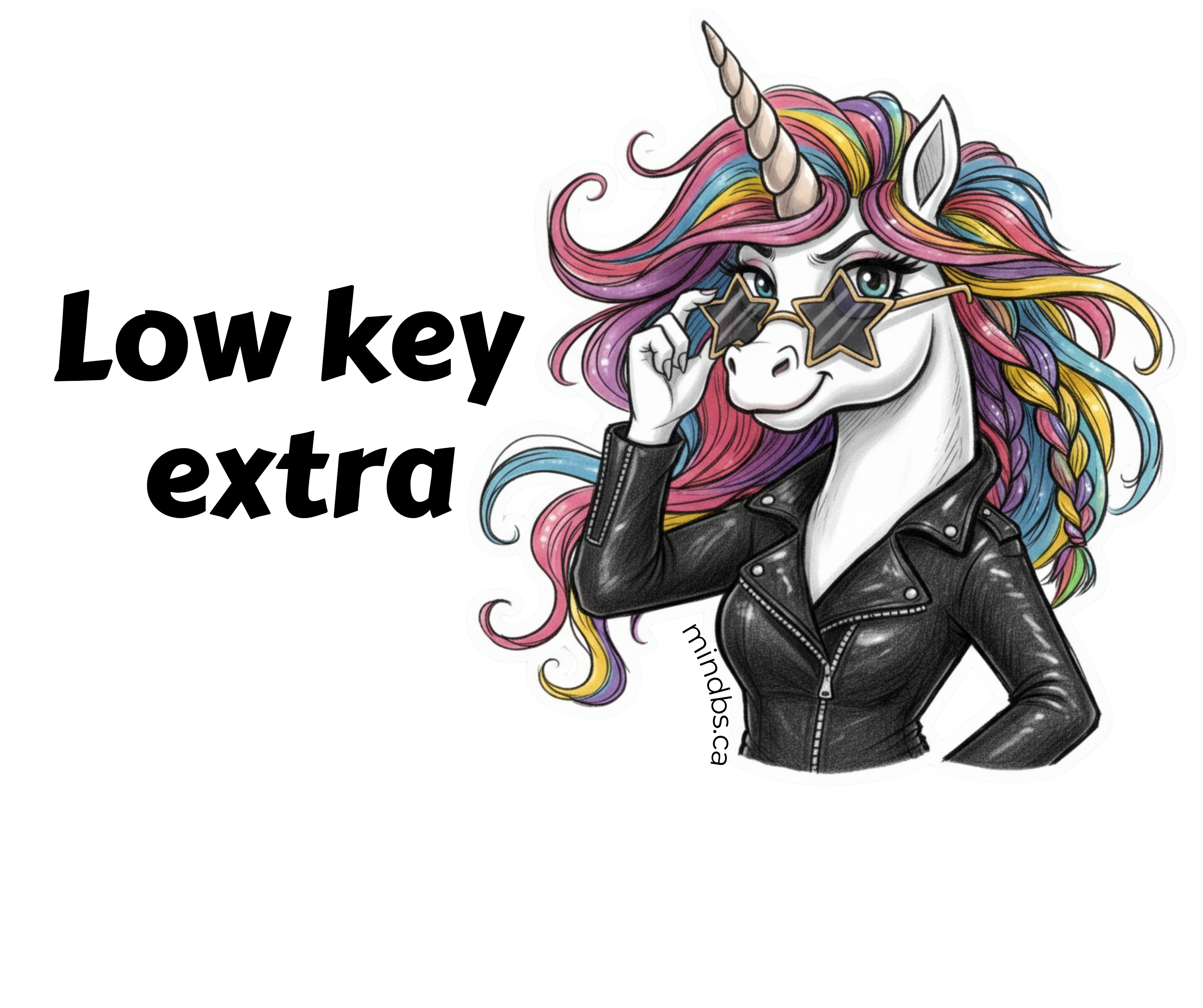 Sticker featuring a cartoon unicorn with colorful hair, sunglasses, and black leather jacket with text "low key extra"