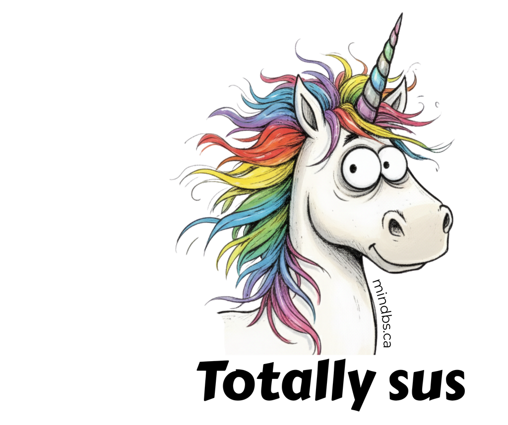 Sticker of a Unicorn with rainbow hair and 'Totally sus' text 