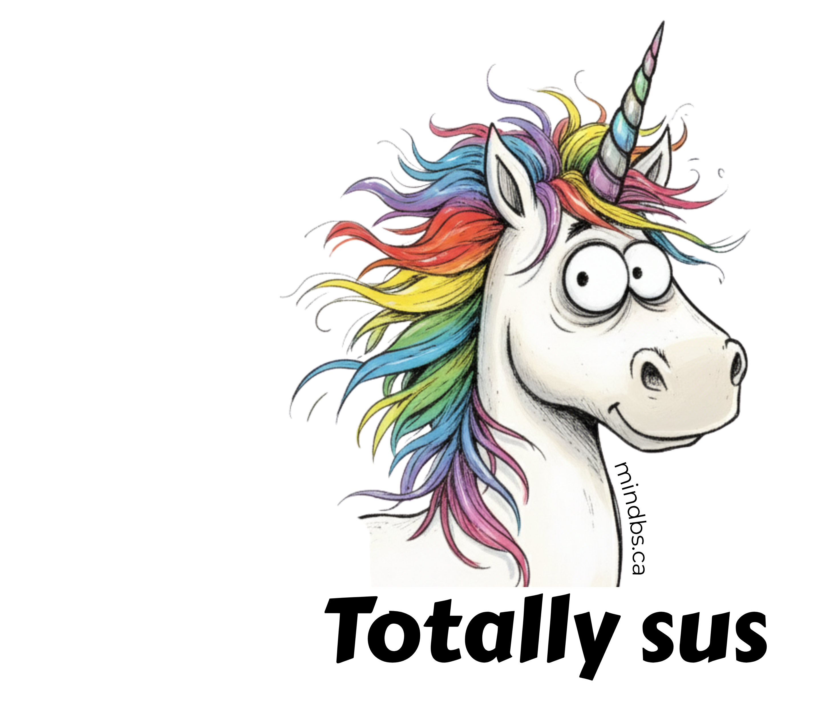 Sticker of a Unicorn with rainbow hair and 'Totally sus' text 