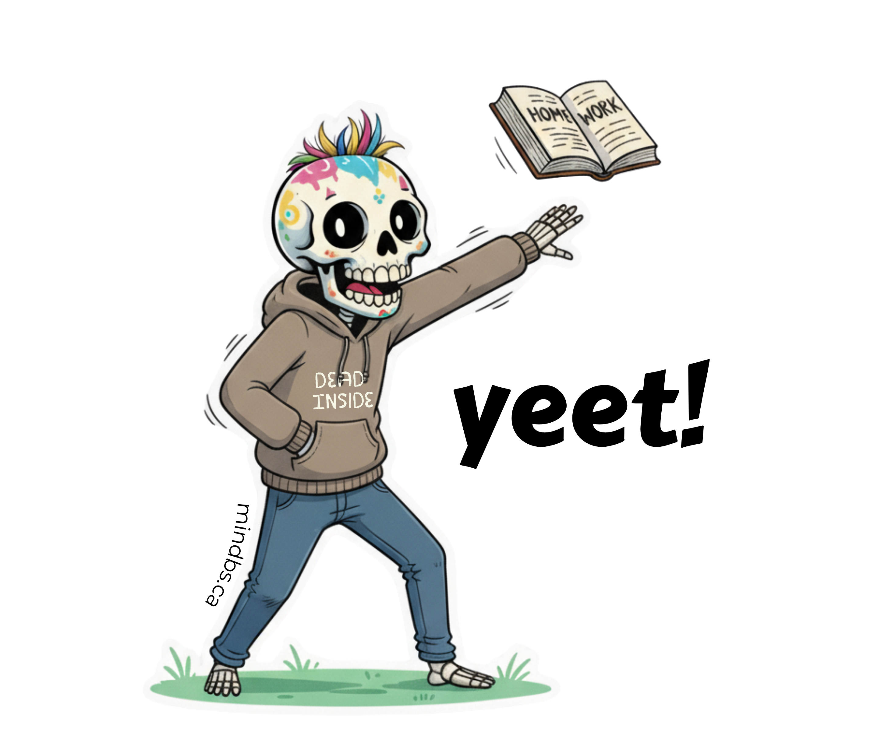 Sticker of a Cartoon skeleton with colorful hair throwing a book with 'homework' on it, saying 'yeet!'. Sticker for kids.