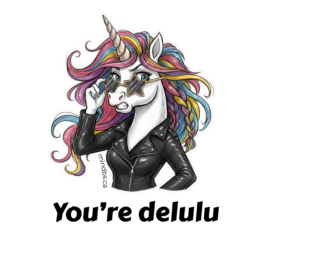 Sticker for kids of a Unicorn character with colorful hair and leather jacket saying "You're delulu"