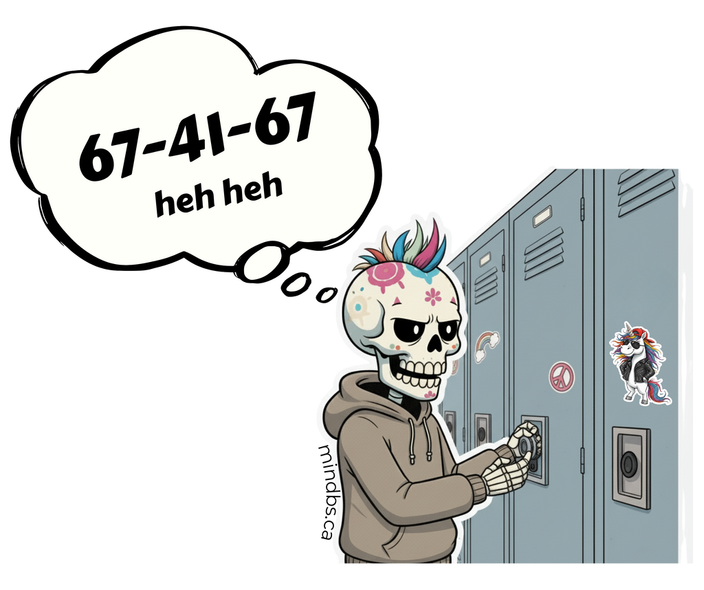Sticker for kids with a colorful cartoon skeleton standing next to a locker, with text 67-42-67 heh heh".