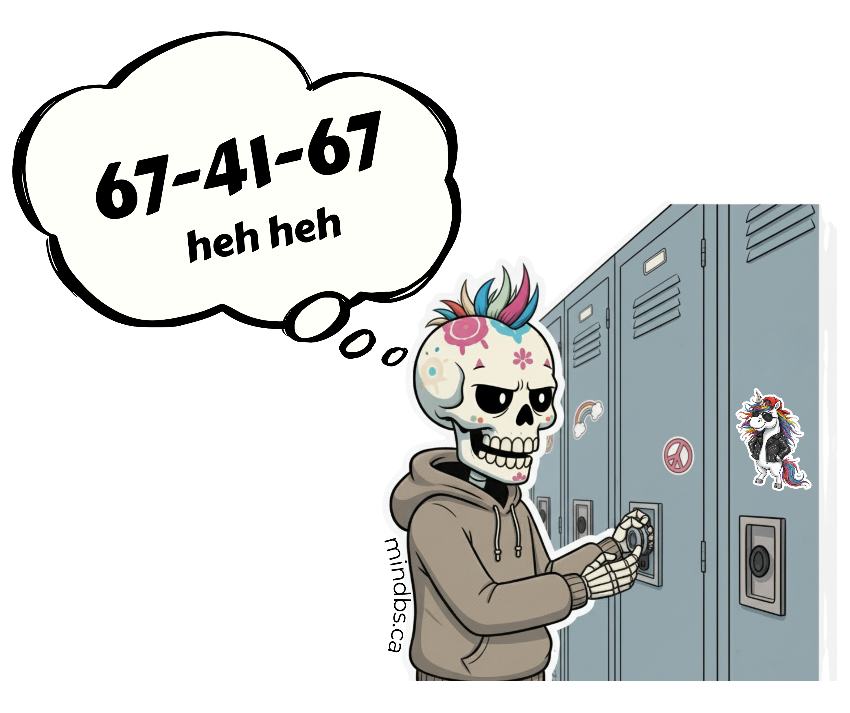 Sticker for kids with a colorful cartoon skeleton standing next to a locker, with text 67-42-67 heh heh".
