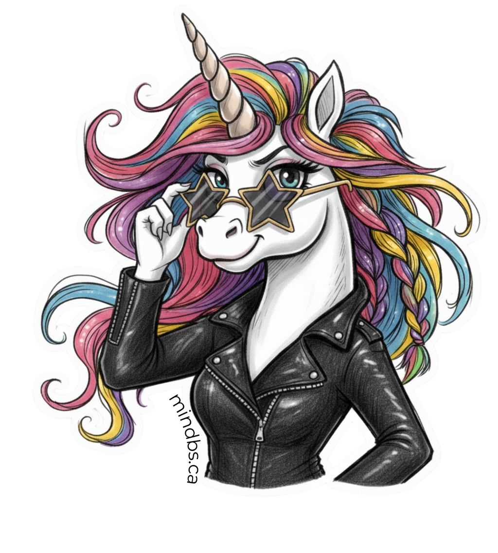 Sticker with a unicorn with colorful hair wearing a black leather jacket and star-shaped sunglasses on a white background.t