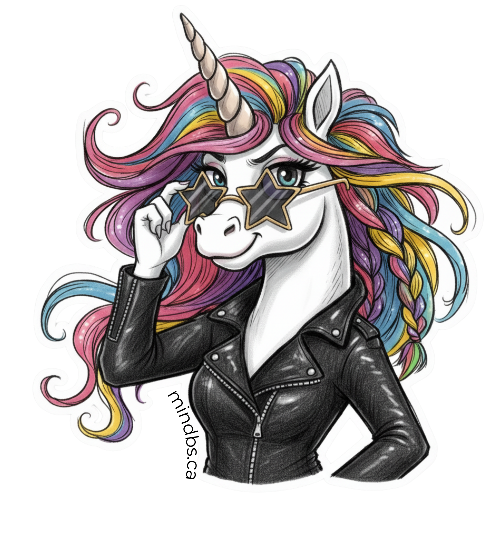 Sticker with a unicorn with colorful hair wearing a black leather jacket and star-shaped sunglasses on a white background.t