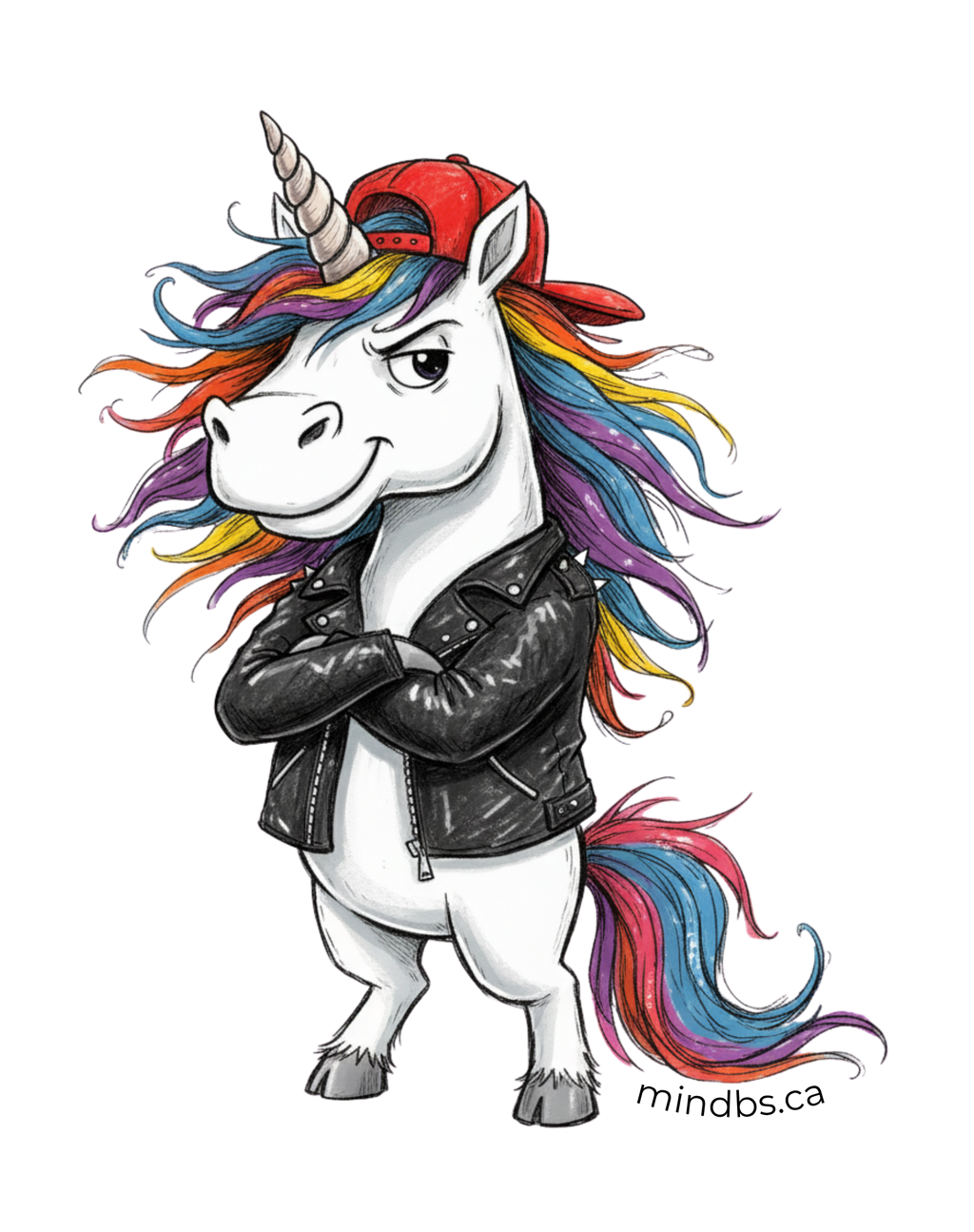 Sticker of a tough unicorn wearing a red baseball cap and black leather jacket with colorful hair.