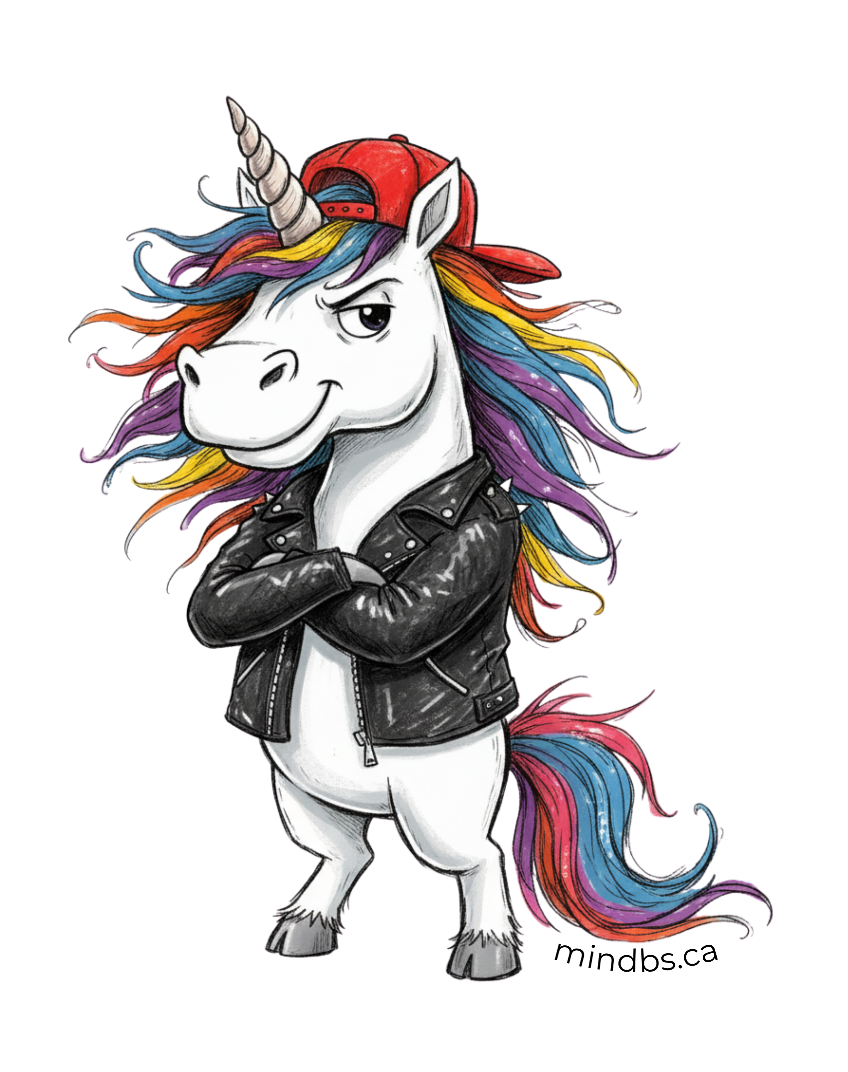 Sticker of a tough unicorn wearing a red baseball cap and black leather jacket with colorful hair.