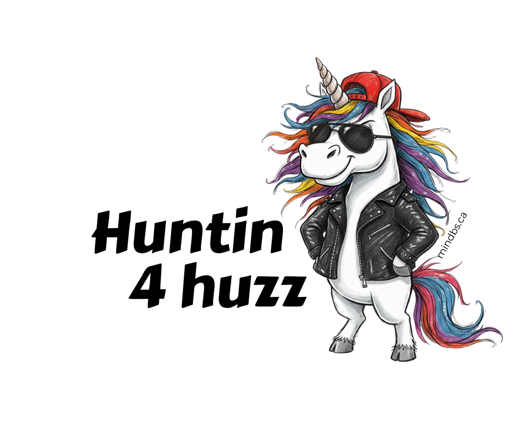 Sticker of a unicorn wearing a leather jacket with colorful hair and sunglasses, text 'Huntin 4 huzz'. Sticker for teens.