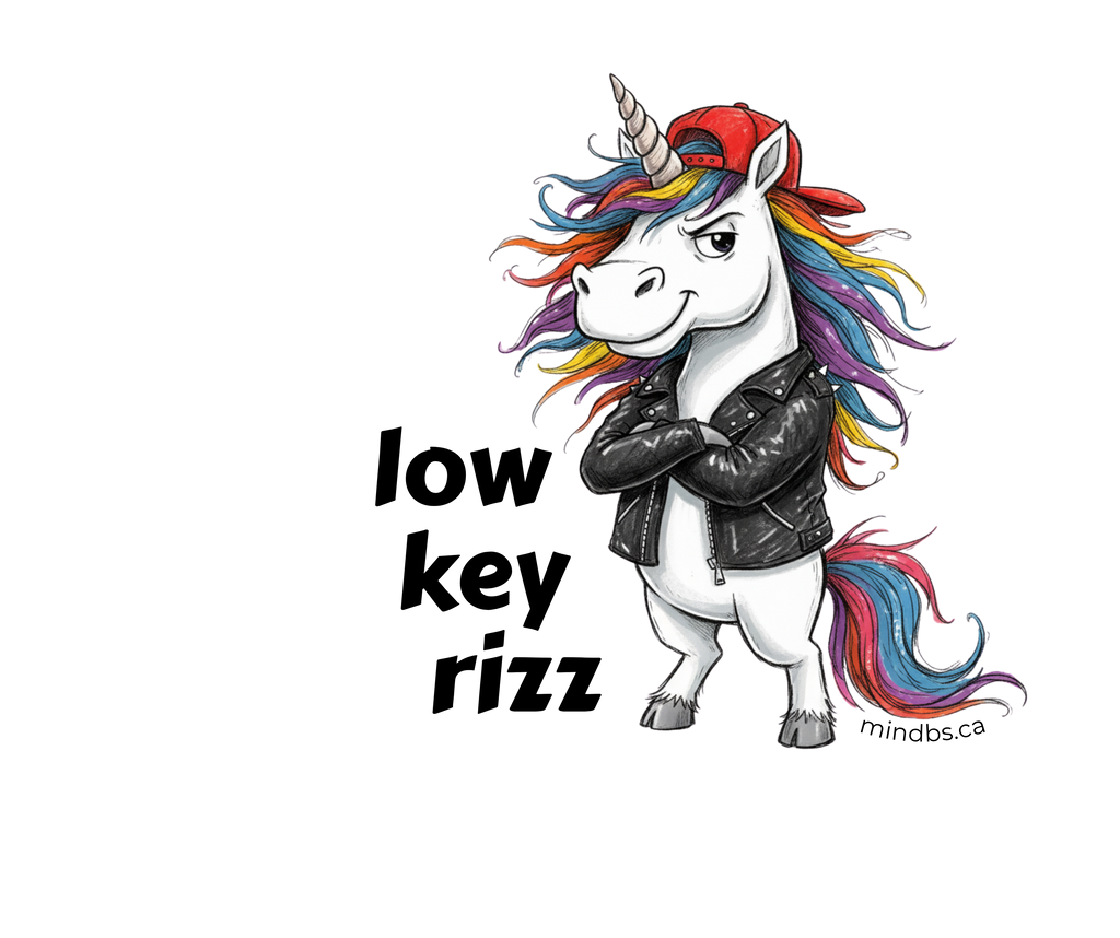 Sticker for kids featuring a Unicorn character with colorful hair and a leather jacket with 'low key rizz' text.